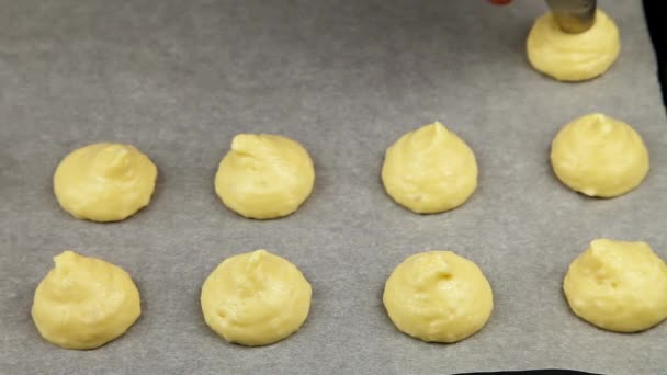Process Profiterole Production Squeezing Baking Dough Pastry Bag Close — Stock video
