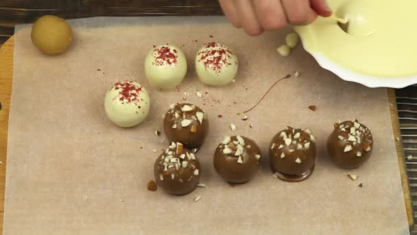 Process Making Sweets Home Glazing White Chocolate Candies — Video Stock