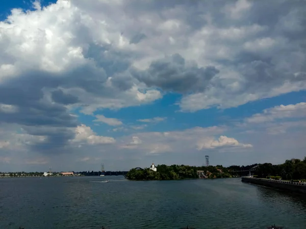 Une Belle Vue Sur Rivière Dnipro Dans Soirée Avec Les — Photo