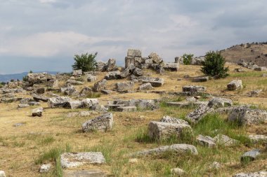 PAMUKALE, TURKEY - 1 HAZİRAN, 2021: Bunlar antik Hierapolis 'in yıkılmış eski kentsel yapılarının dağınık taşları.