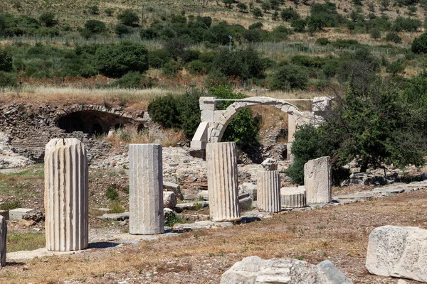 EPHESUS, TURKEY - 4 Haziran 2021 Bunlar İsis Tapınağı 'nın kalıntıları ve antik kentin arkeoloji park müzesindeki yapraklı çeşme..
