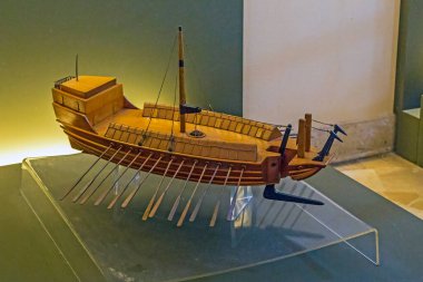 MILAN, ITALY - MAY 19, 2018: This is a model of a rowing boat with an underwater ram, one of the inventions of Leonardo da Vinci, in the Museum of Science and Technology named after Leonardo da Vinci.