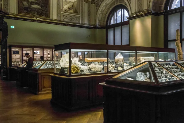 ウィーン オーストリア 2019年5月15日 これらは 自然史博物館の鉱物学のホールの1つに結晶と鉱物のサンプルがあるラックです — ストック写真
