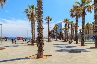 BARCELONA, İspanya - 11 Mayıs 2017 Barceloneta bölgesindeki modern Plaza del Mar.