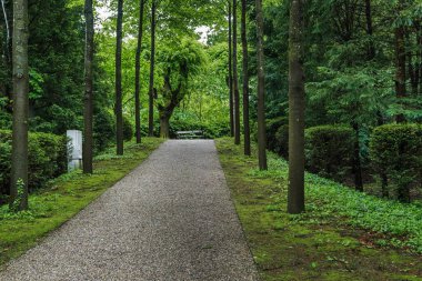 MELK, AUSTRIA - 12 Mayıs 2019: Bu bahar yağmurunda Benedictine Manastırı 'nın parkında bir ara sokak.