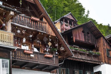 HALLSTATT, AUSTRIA - MAY 18, 2019: This is a fragment of the old wooden buildings of the famous Austrian town.