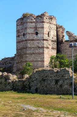 ISTANBUL, TURKEY - SEPTEMBER 14, 2017: This is one of the towers of the ruins of the ancient fortress walls of Constantinople, known as the Theodosian Walls.