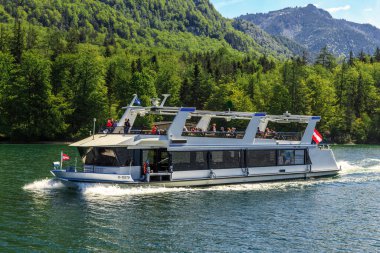 AUSTRIA - MAY 19, 2019: This is a pleasure boat on the Wolfgangsee Lake.