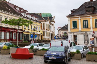 MELK, AUSTRIA - MAY 12, 2019: This is the downtown of a baroque old town in the Wachau Valley on a rainy spring morning.