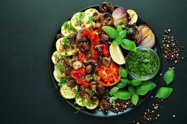 Useful Baked Diet Vegetables Plate Dark Background — Stockfoto