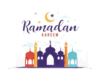 Arapça kaligrafi vektörüyle Ramazan Kareem Mübarek İslami tebrik kartı. Ramazan Kareem vektör tipografisi. Ramazan bayramı vektör illüstrasyonu. İslam sanatında Ramazan kaligrafi.