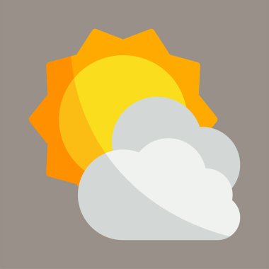 Güneş ve bulutun gri arka planda izole edilmiş ikon, logo, vektör çizimi. Haber, meteoroloji, mevsimler, iş ve takvimler için elverişli.