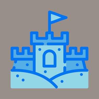 Simge, logo, gri arka planda izole edilmiş bir kumdan kalenin vektör çizimi. Çocuklar, oyunlar, tasarımlar ve logolar için uygun.