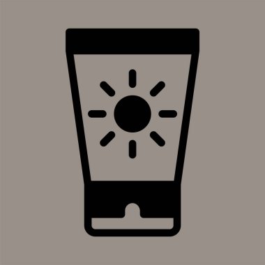 Simge, logo, gri arka planda izole edilmiş güneş kreminin vektör çizimi. Güzellik, sağlık, desenler, tasarımlar ve logolar için uygun.