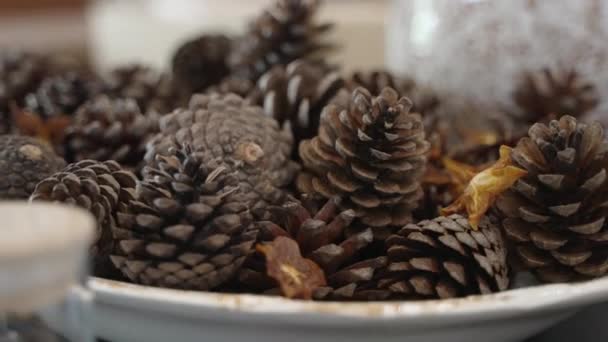 Gedroogde Donkerbruine Dennenappels Een Bord Voor Decoratie Tijdens Feestdagen — Stockvideo