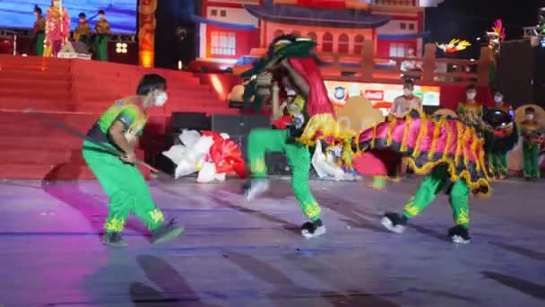 ナコルンサワン2022年2月1日 中国の旧正月のお祝いの間 ナコルンサワンの夜のショーでライオンの戦いのダンスが一般の人々に披露される — ストック動画