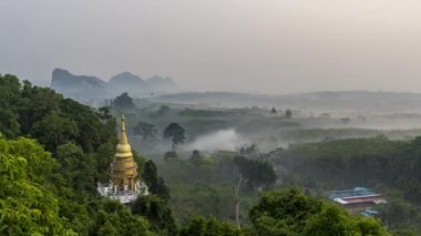Sabahın erken saatlerinde Surat Thani Tayland 'daki Khao Na Nai Luang Dharma Parkı' ndaki altın stupa veya pagoda manzarası