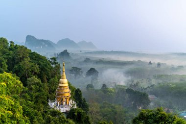 Sabahın erken saatlerinde Surat Thani Tayland 'daki Khao Na Nai Luang Dharma Parkı' ndaki altın stupa veya pagoda manzarası