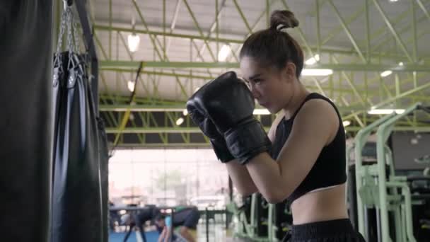 年轻迷人的活跃的亚洲女人在室内体育馆 健康的生活方式或运动理念中练习和训练她的踢腿拳 — 图库视频影像
