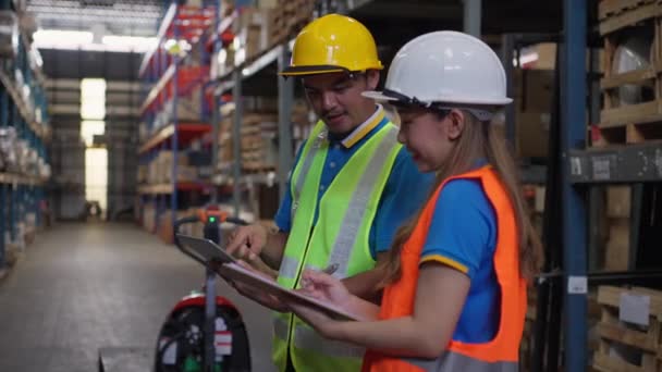 Two Male Female Warehouse Staff Working Together Check Inventory Company — Video