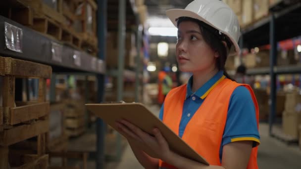 Female Warehouse Staff Working Check Inventory Company Warehouse Site — Video