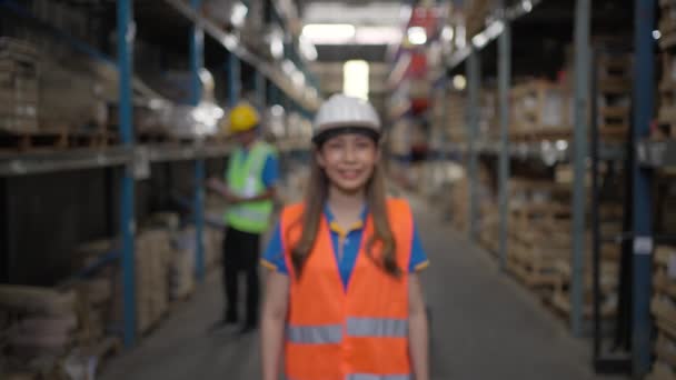 Happy Young Female Warehouse Wearing White Safety Hard Hat Enjoying — Wideo stockowe