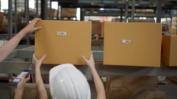 Male Female Warehouse Staff Working Together Check Inventory Scanning Barcode — Vídeo de stock