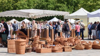 Magdeburg, Pottery market - 06 August 2022: Pottery Market on the Domplatz. Wicker baskets. Sale of handmade goods