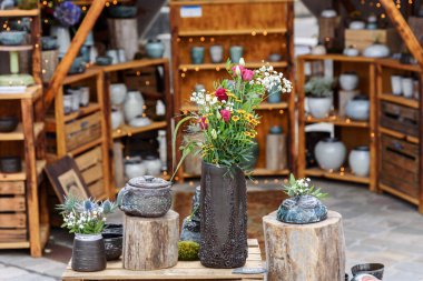 Magdeburg, Pottery market - 06 August 2022: individual utility ceramics, fun pottery, fine jewelry to artistic objects. Master potters and ceramists from Saxony-Anhalt, Germany