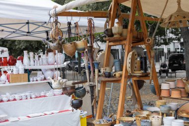 Magdeburg, Pottery market - August 06, 2022: Crockery, candlesticks of German masters. Handmade. Personalized household ceramics, cheerful ceramics, fine jewelry, art objects