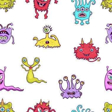 Sevimli canavar kusursuz desen, komik çizgi film karakteri baskısı, moda kumaşı, tekstil tasarımı. Beyaz arka planda neşeli renkli çeşitli peri yaratıkları. Vektör illüstrasyonu