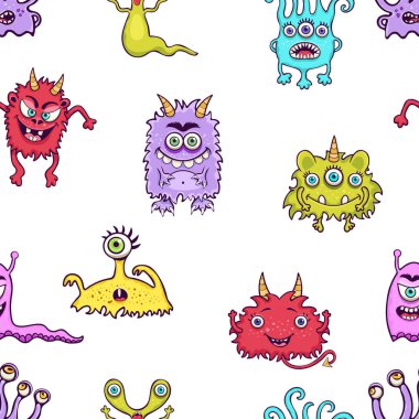 Sevimli canavar kusursuz desen, komik çizgi film karakteri baskısı, moda kumaşı, tekstil tasarımı. Beyaz arka planda neşeli renkli çeşitli peri yaratıkları. Vektör illüstrasyonu