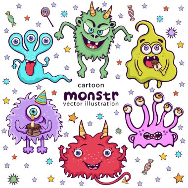 Bir dizi sevimli canavar komik çizgi film karakteri, el çizimi. Koleksiyon, parlak yıldızlı ve şekerli beyaz arka planda izole edilmiş çok renkli korkunç komik peri masalı kahramanı. Vektör illüstrasyonu