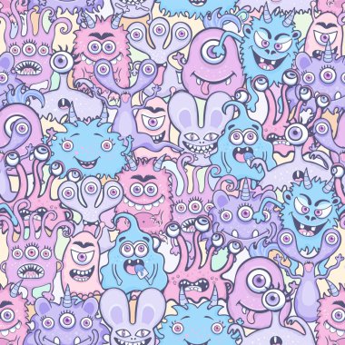 Sevimli canavar şekilli, komik çizgi film karakteri, karalama baskısı, moda kumaşı, tekstil tasarımı. Gökkuşağı arka planında neşeli renkli pastel çeşitli peri yaratıkları. Vektör illüstrasyonu