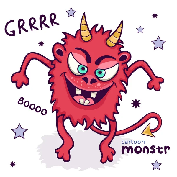 Cute monster, funny cartoon character, colorful hand drawing. Cheerful red fluffy fairy tale creature smiling with horns and tail isolated on white background. Vector illustration