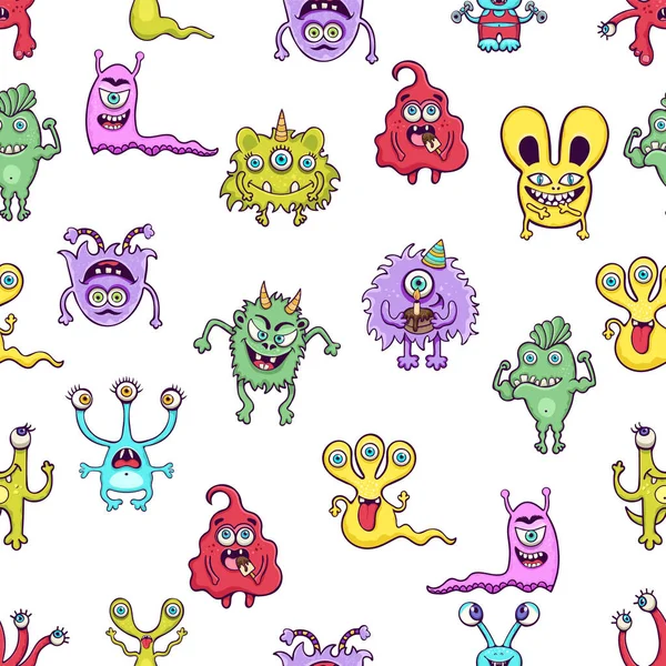 Cute monster seamless pattern, funny cartoon character print, fashion fabric, textile design. Cheerful colorful various fairy creatures on white background. Vector illustration