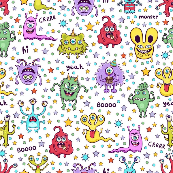 Cute monster seamless pattern, funny cartoon character print, fabric, textile design. Cheerful colorful various fairy creatures on white background with stars, confetti, candies. Vector illustration