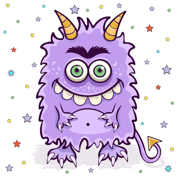 Söt Monster Rolig Tecknad Karaktär Färgstark Handritning Glada Violett Fluffig — Stockfoto