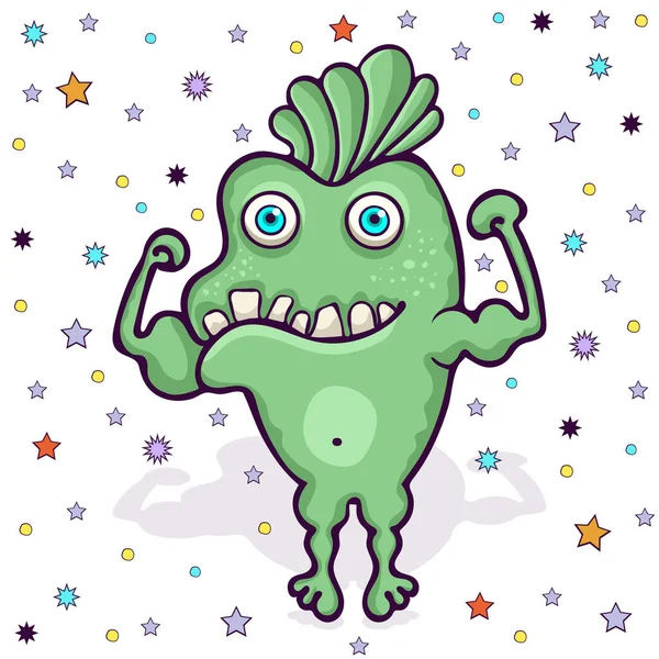 Cute monster, funny cartoon character, colorful hand drawing. Cheerful green fairy tale creature smiling strong athlete with muscles and toothy mouth, isolated on white background. Vector illustration