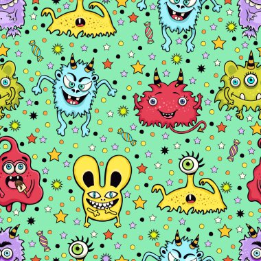 Sevimli canavar kusursuz desen, komik çizgi film karakteri baskısı, kumaş, tekstil tasarımı. Yeşil arka planda, yıldızlı, konfetili, şekerli neşeli, renkli peri yaratıkları. Vektör illüstrasyonu