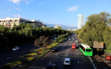 Alfarabi avenue in Almaty city, Republic of Kazakhstan, Asia. August 2022.