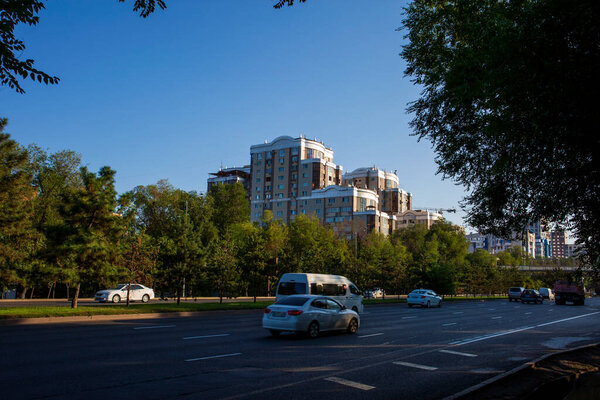 Alfarabi avenue in Almaty city, Republic of Kazakhstan, Asia. August 2022.