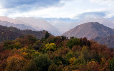 Sonbahar sabahı Almaty dağlarında manzara.