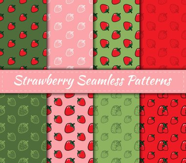 Çileksiz desenler seti. Vektör illüstrasyon meyve koleksiyonu. Çay, meyve suyu, doğal kozmetik, tatlı ve şeker, gıda ambalajı, vintage veya herhangi bir ürün için arka plan tasarımı.