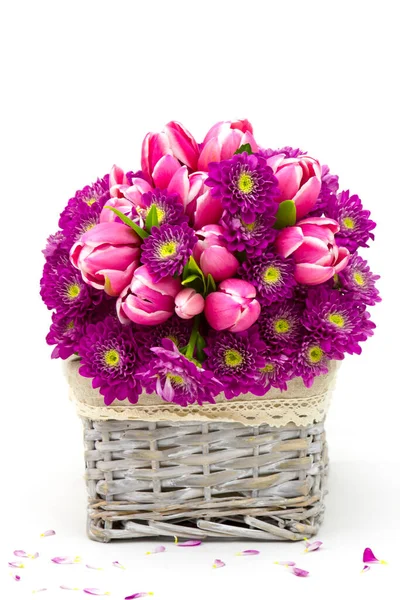 Bouquet Made Tulips Chrysanthemum Flowers White Background — Stock Photo, Image