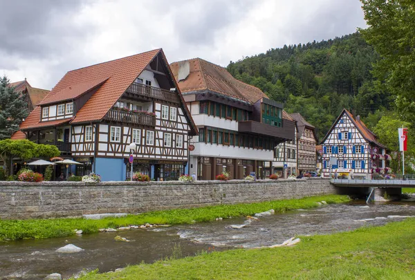 Kara Orman Schwarzwald Almanya Schiltach Köy Çiçek Nehir Kinzig Sokak — Stok fotoğraf