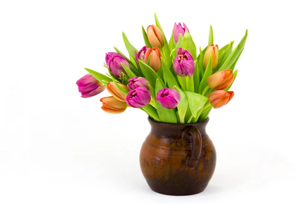 Barevné Tulipány Váze Bílém Pozadí — Stock fotografie