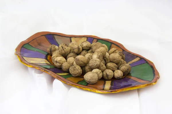 Walnuts Clay Plate White Background — Stock Photo, Image