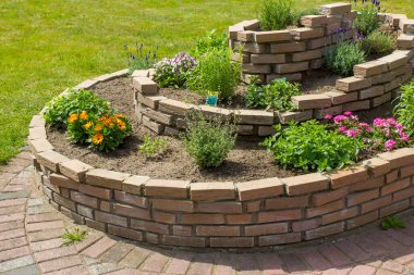 Bahçede bitkiler ve çiçeklerle sarmal.