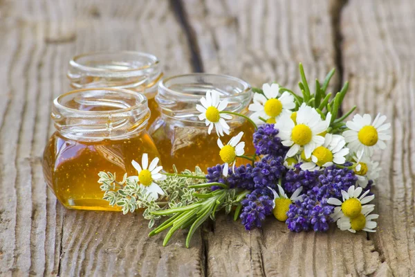 Jar Honey Herbs Wooden Background — Stock Photo, Image